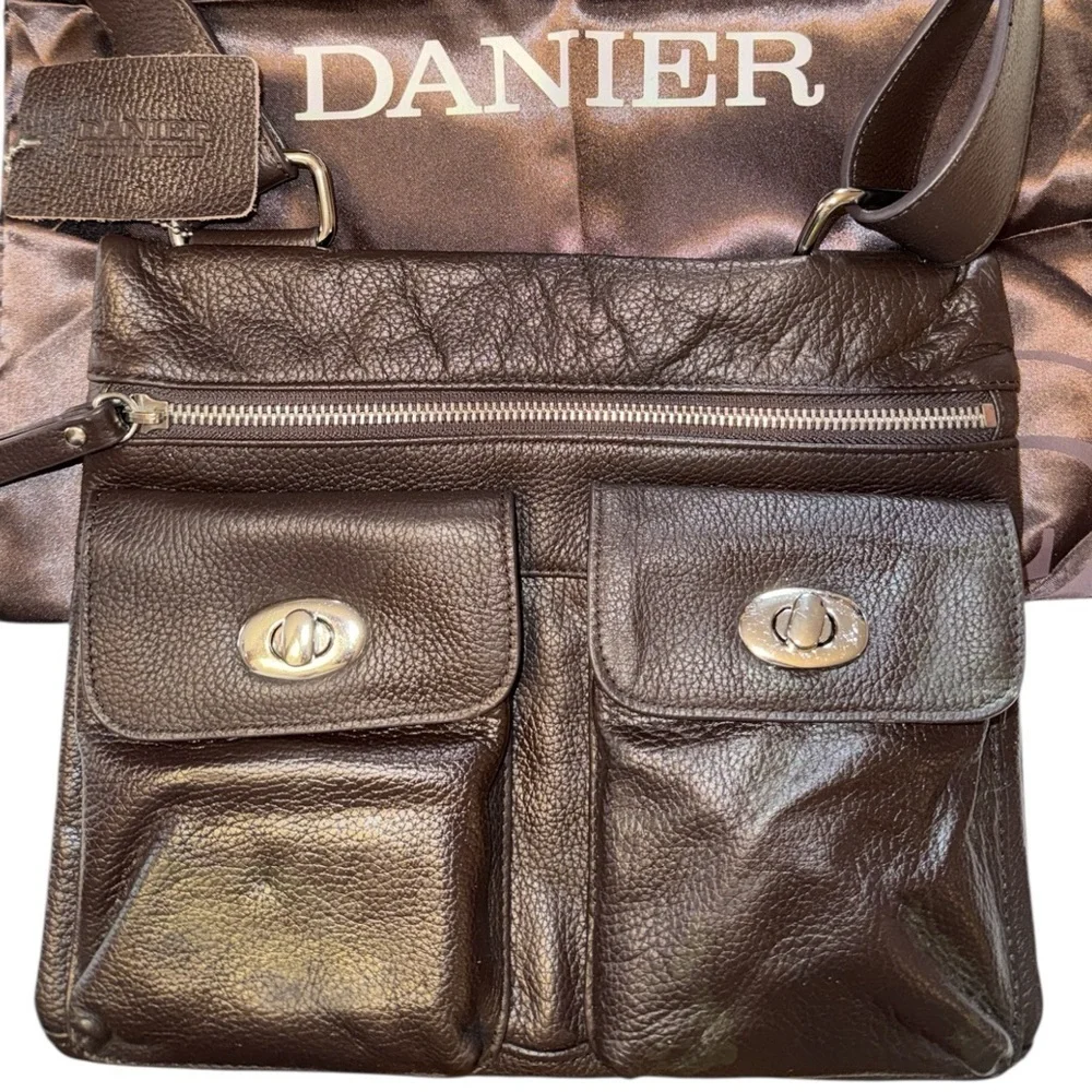 Danier Dark Brown Pebbled Leather Crossbody Bag Adjustable Strap Multi Pocket